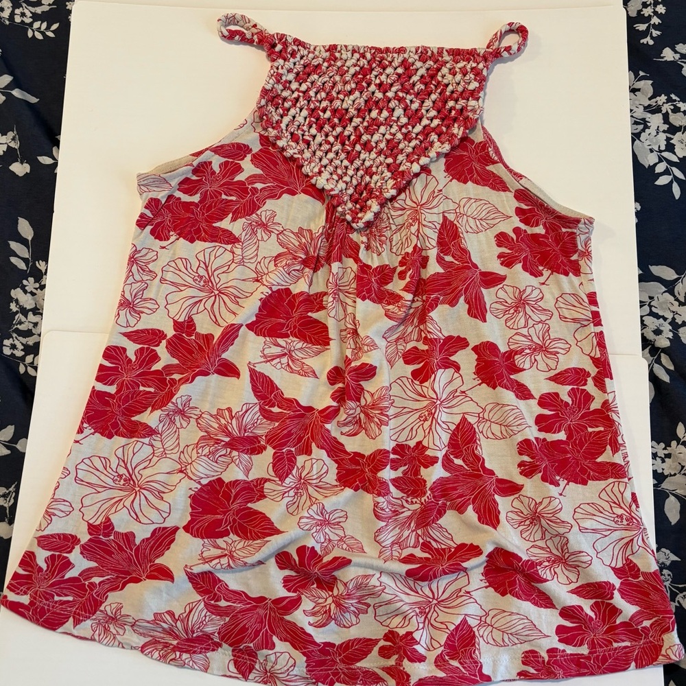 Vintage Y2K Sleeveless Pink‎ White Smocked Floral Tunic Top Size: XS